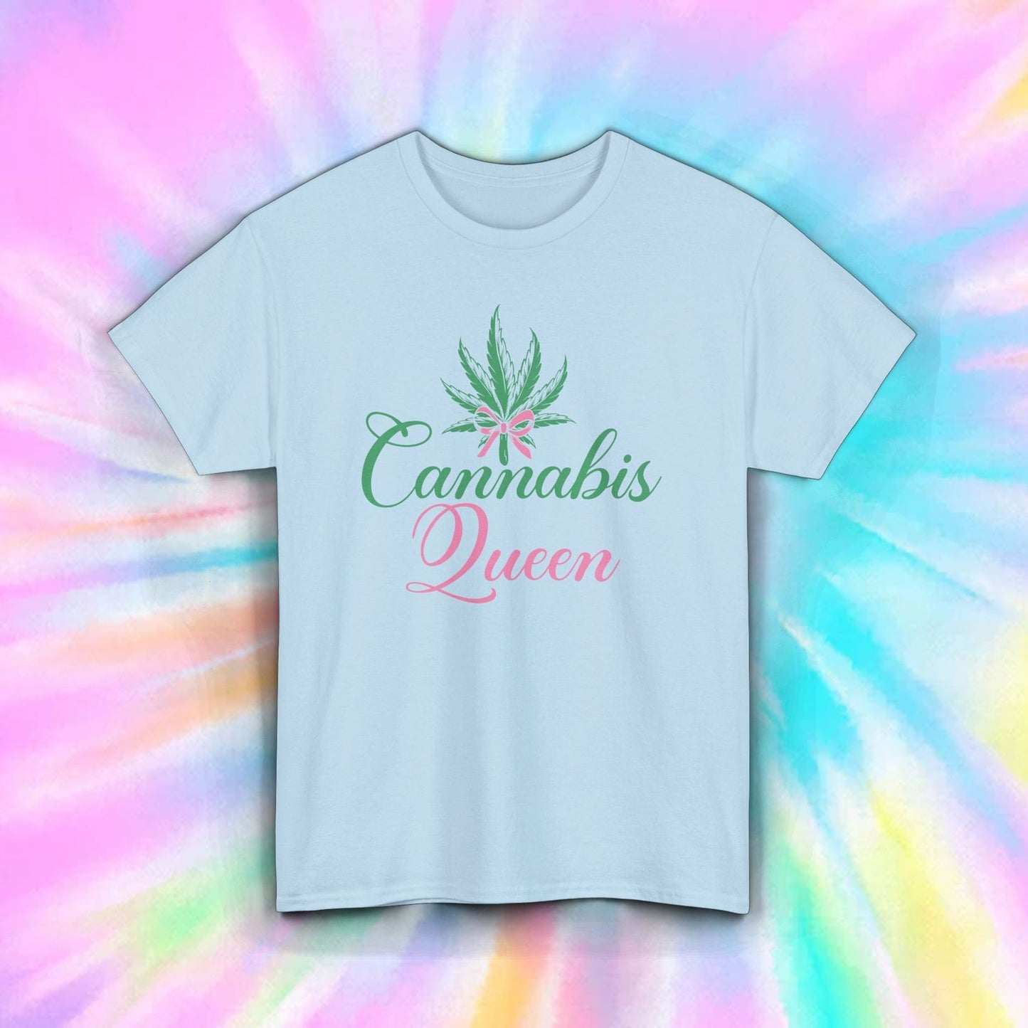 Cannabis Queen pink green marijuana leaf graphic tee on pastel tie-dye background.