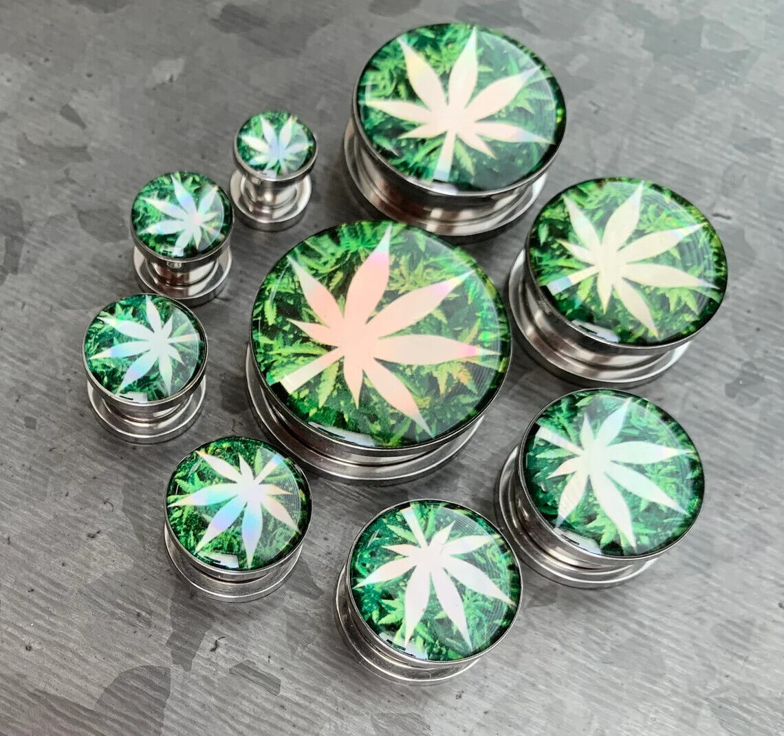 PAIR Hologram Pot Leaf Screw Fit Tunnels Ear Plugs Gauges Earlets Body Jewelry 8 sizes