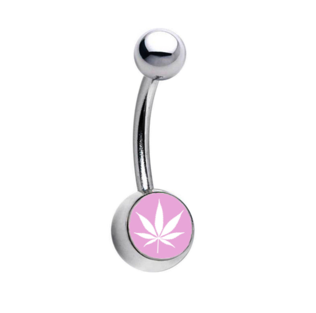 Marijuana pot leaf light pink belly button navel ring.
