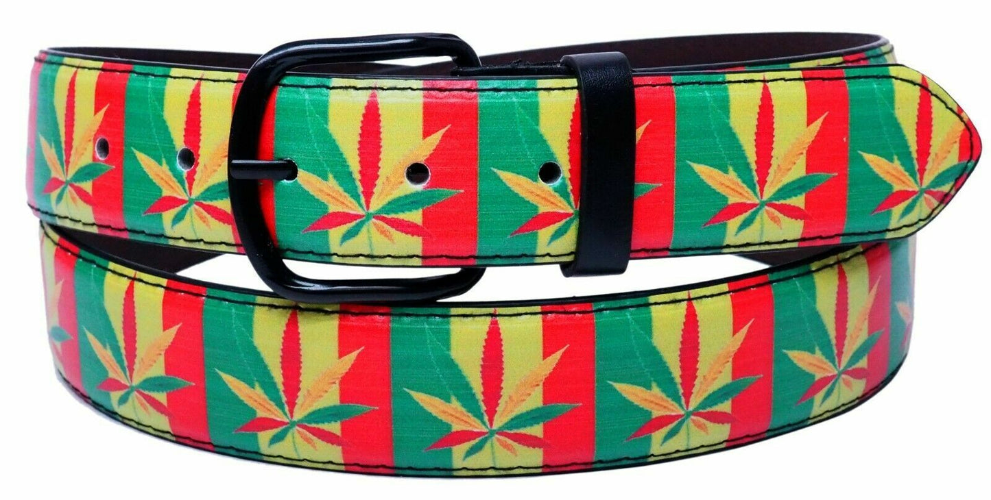 MARIJUANA WEED LEAF POT RASTA CANNABIS HIPPIE LEATHER STITCHED BELT w/ BUCKLE