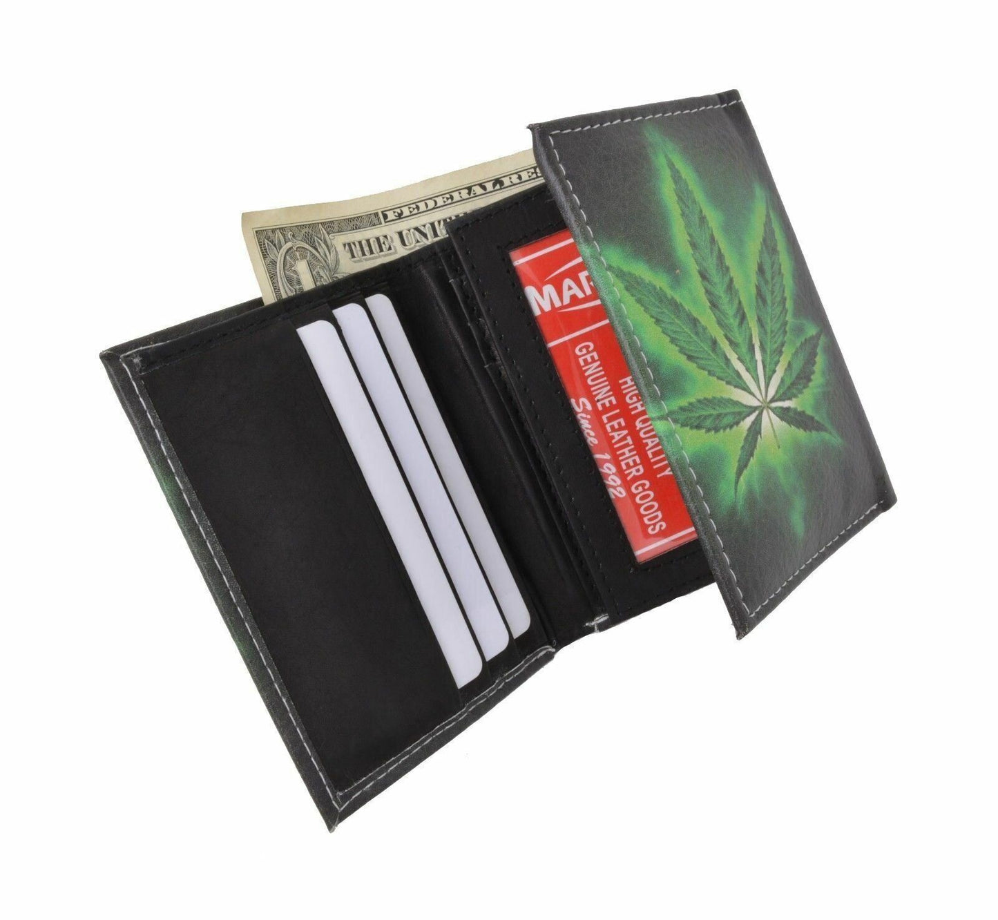 Marijuana Leaf Mens Genuine Leather Trifold Wallet Black Interior With Gift Box