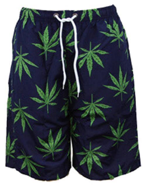 Mens Swim Trunks, Beach Swim Shorts Beach Board Shorts Pockets, Weed Leaf Print