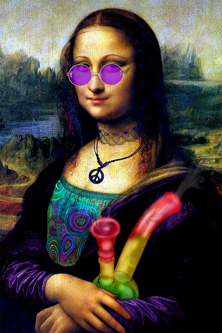 Naughty Mona Lisa marijuana-themed oil painting poster, 20x30 inches.
