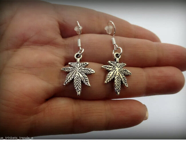 MARIJUANA POT LEAF CANNABIS WEED SILVER PLATED EARRINGS USA SELLER FREE SHIPPING
