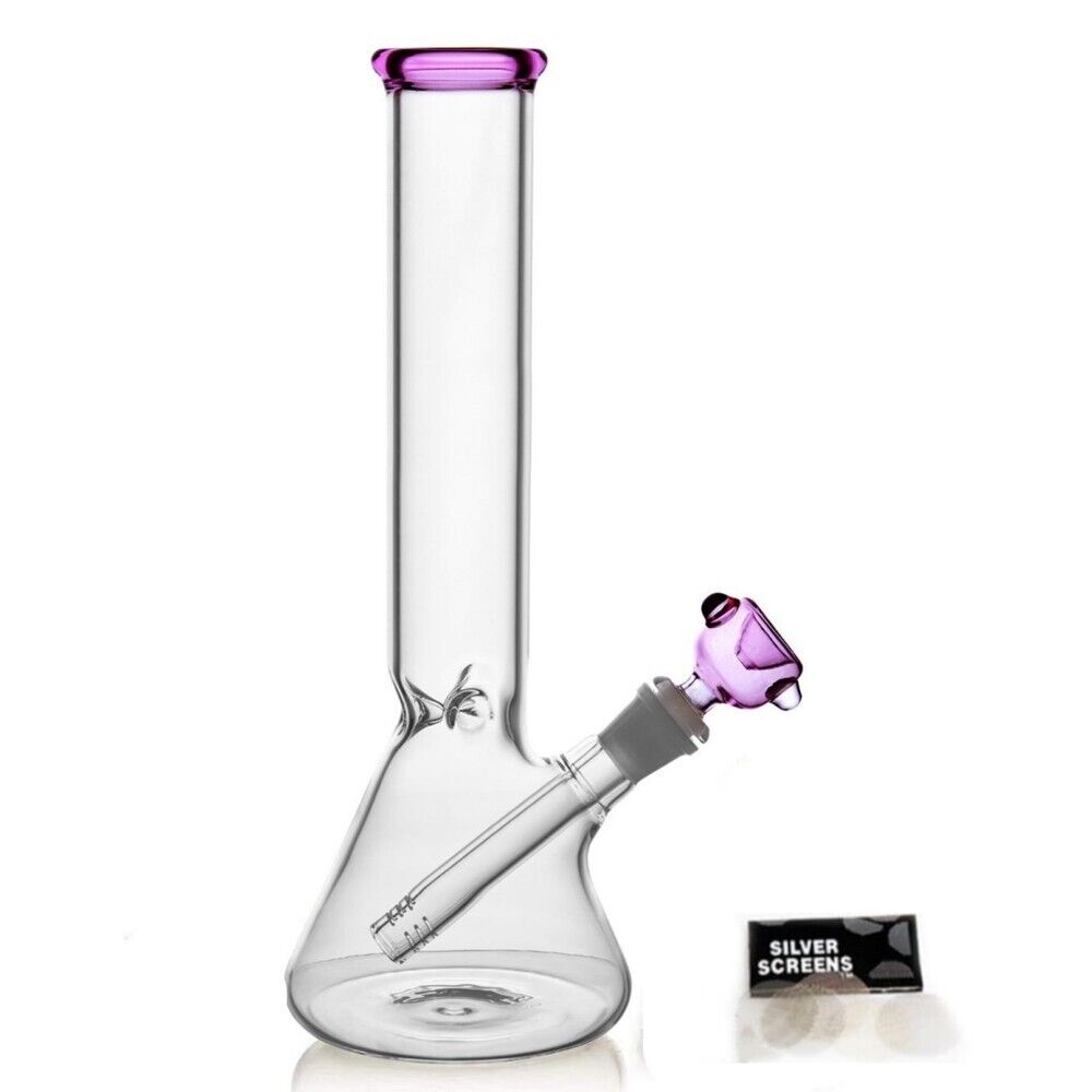 10" heavy pink glass bong with 14MM bowl and beaker design.