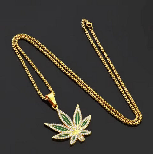 Gold Colored Stainless Steel Bling Cannabis Pot Leaf Pendant Necklace New