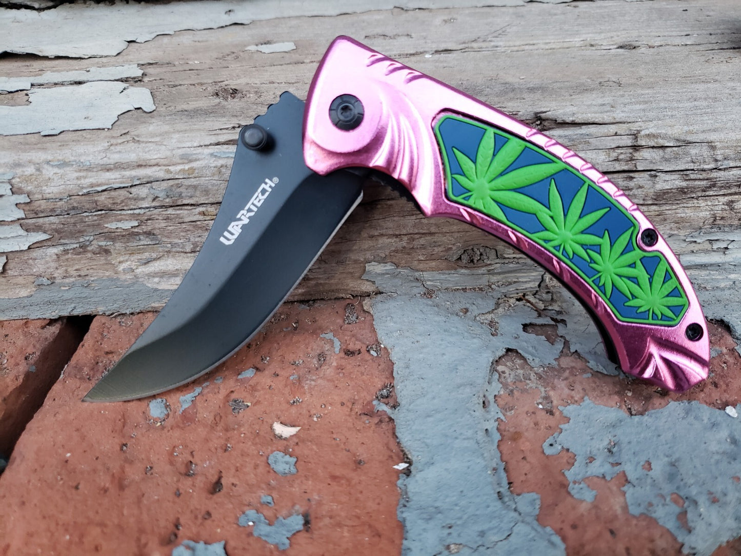 Pink Black Pot Leaf Design Spring assisted Pocket Knife Thumb Stud EDC 5.3 OZ