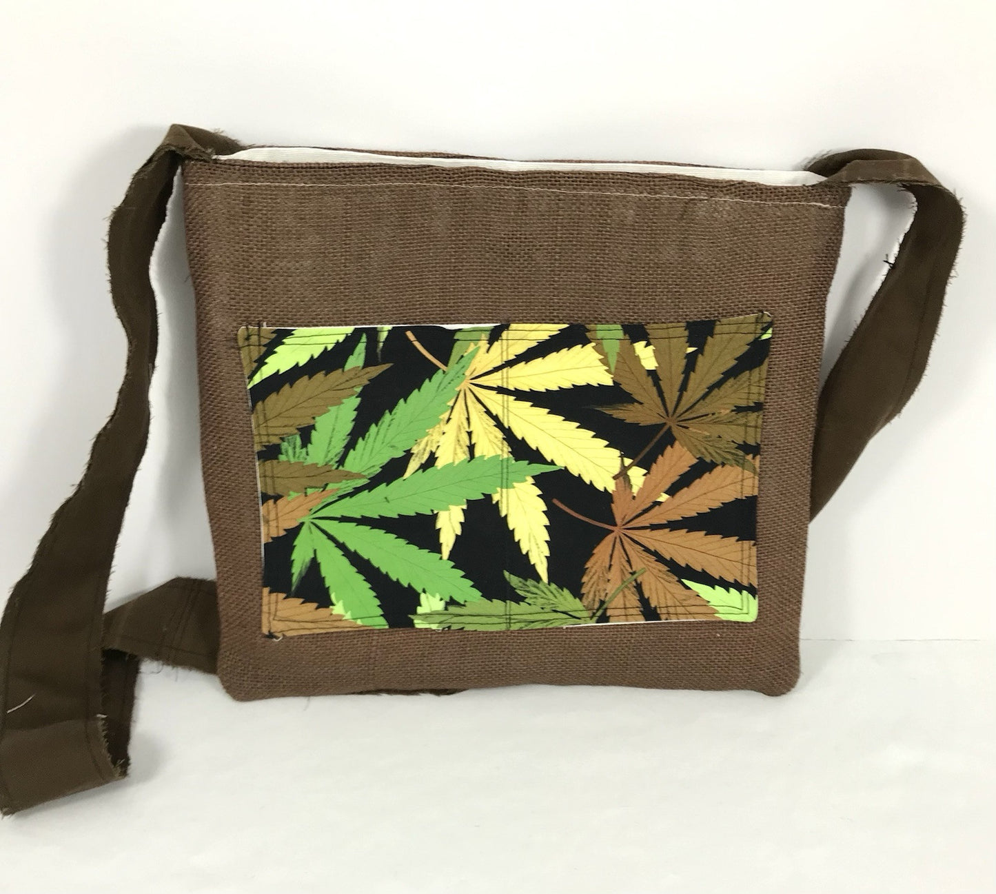 New Handmade Burlap Marijuana, Cannabis Leaf 11x12 2 Bumblebee Pockets Crossbody