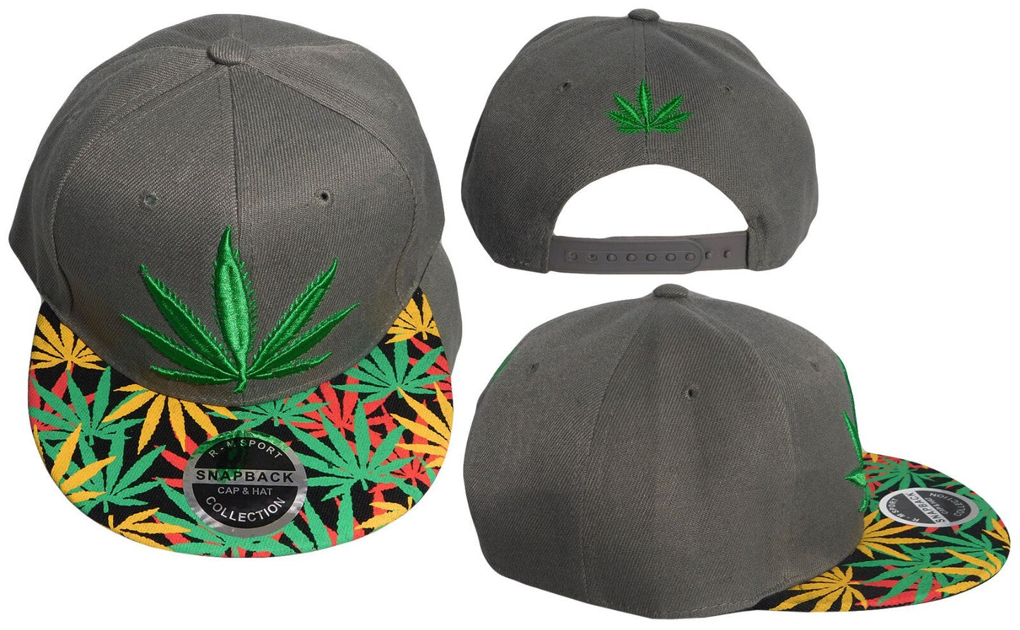 Grey polyester adjustable cap with embroidered cannabis leaf design.