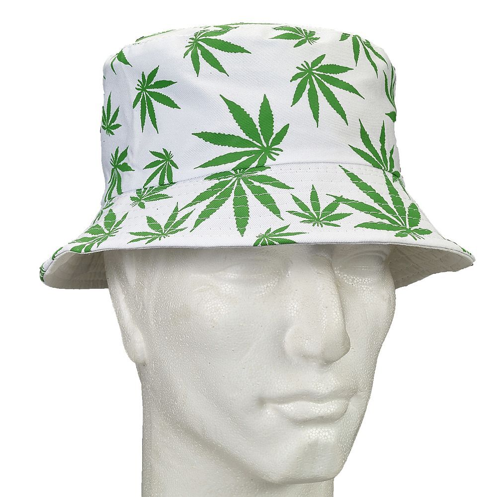 Unisex bucket hat with green marijuana cannabis weed leaf pattern on white fabric.