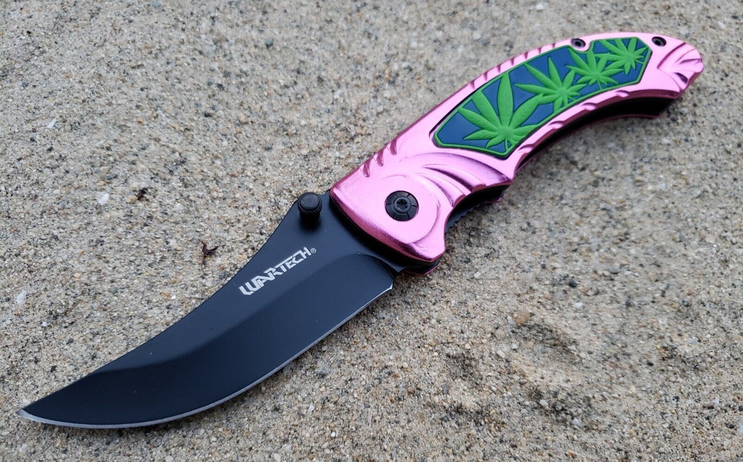 Pink Black Pot Leaf Design Spring assisted Pocket Knife Thumb Stud EDC 5.3 OZ