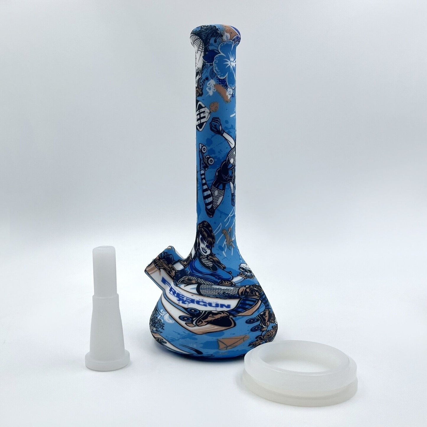 Silicone Hookah Water Pipe, 7.5" Blue Skull Theme Silicone Smoking Bong