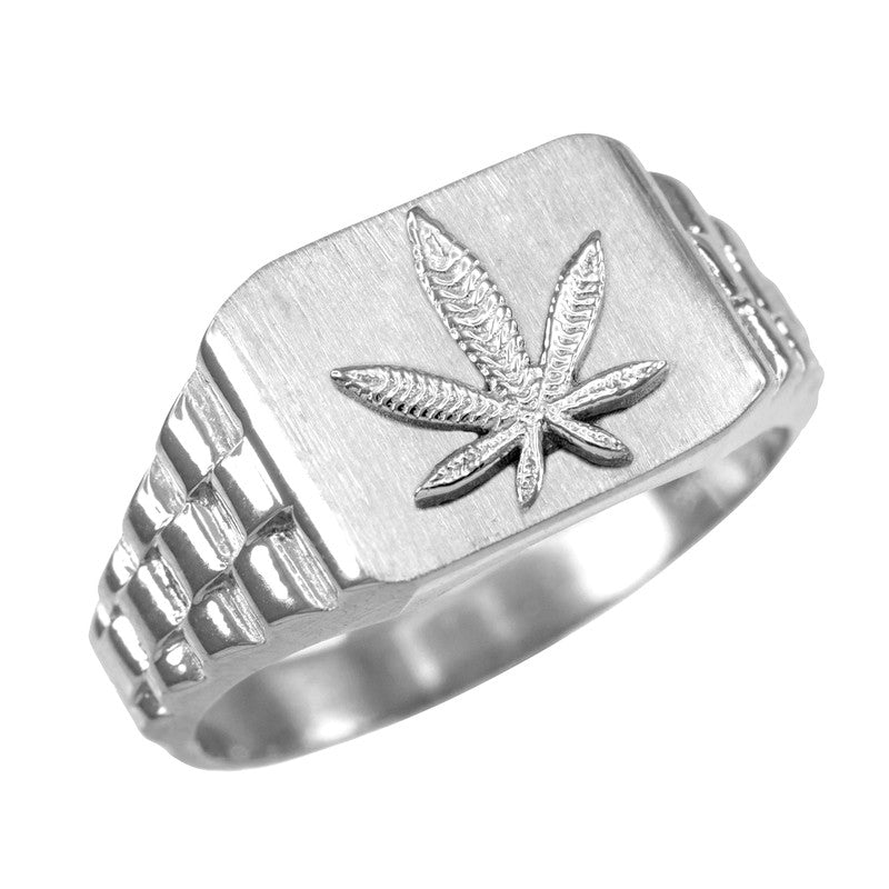925 Sterling Silver men's ring featuring a marijuana leaf design, rectangular shape, brushed finish.