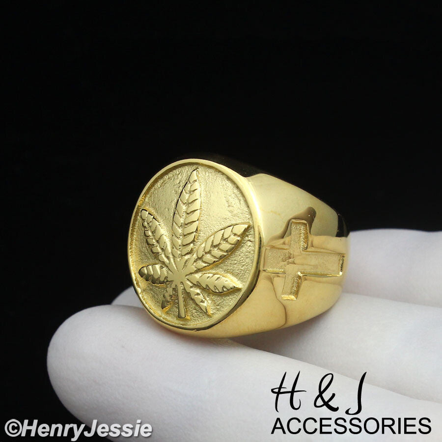 MEN Stainless Steel Marijuana Leaf Cross 3D Gold Plated Round Ring size 8 to 13
