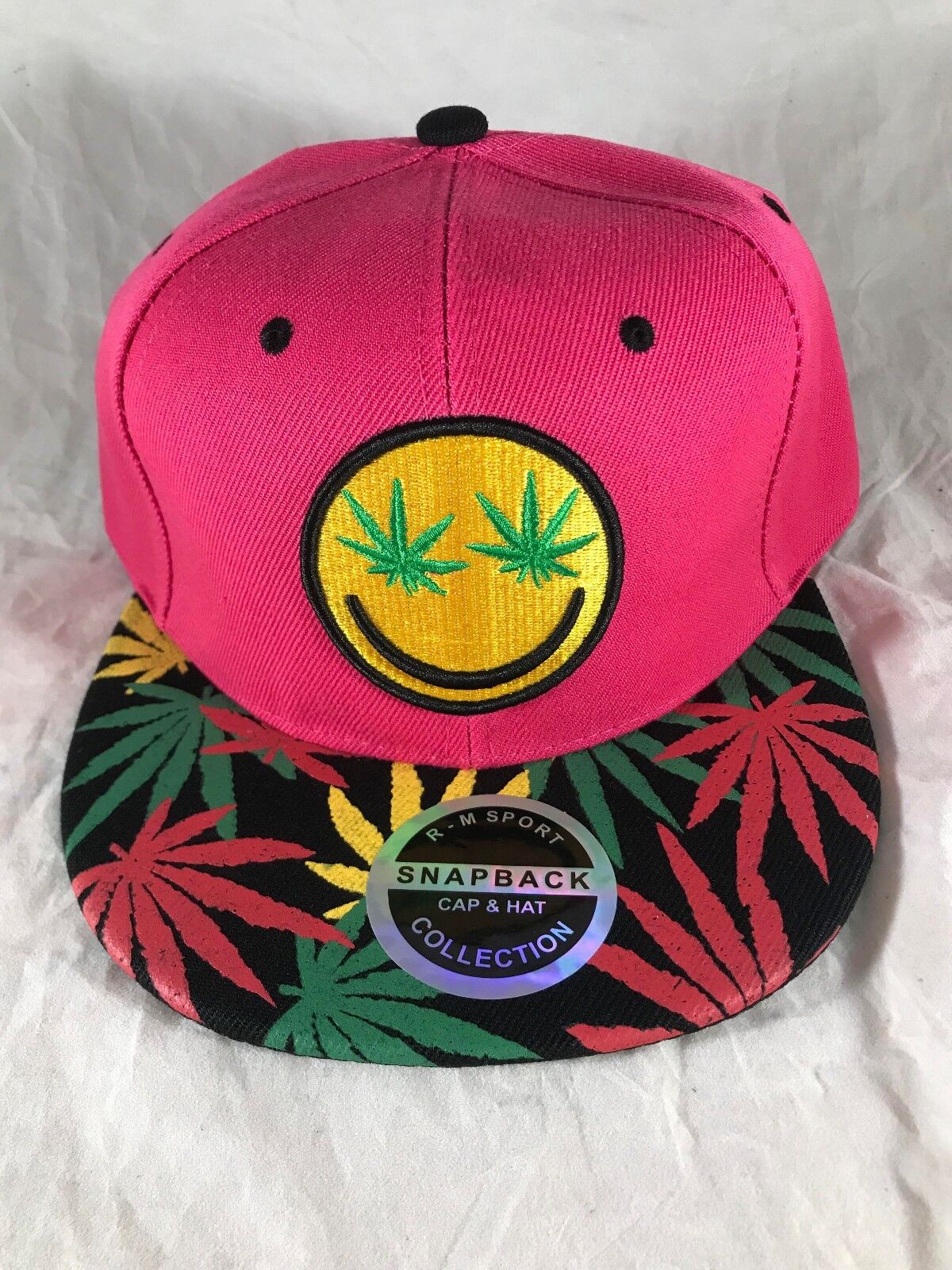 Smiley Face Marijuana Leaf Weed Eyes Emoji Snapback Hat 420 Themed Cap