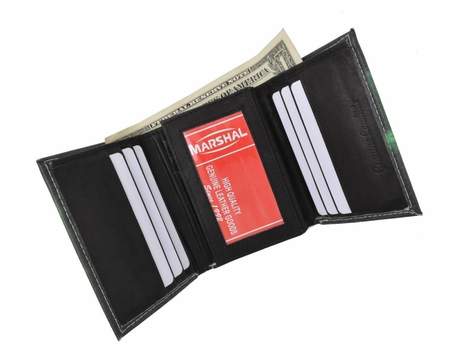 Marijuana Leaf Mens Genuine Leather Trifold Wallet Black Interior With Gift Box