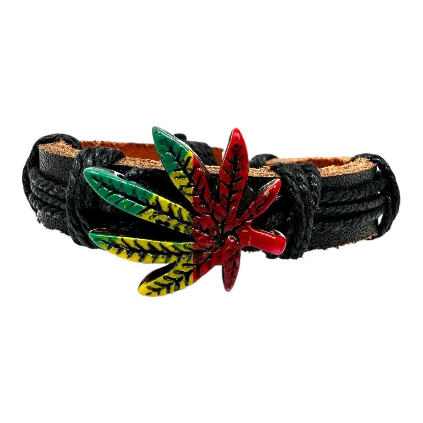 Adjustable Black Leather Bracelet with Rasta-Colored Marijuana Leaf Charm