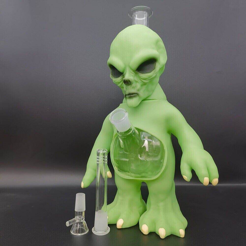 32.4cm Green Ailen Water Pipe Silicone Smoking Hookah Hand Pipes W/ Glass Bowl - Maryjanes Bong Shop