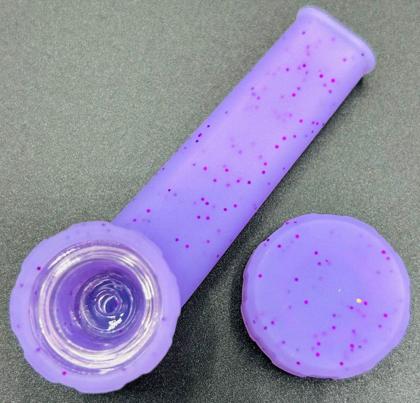 Silicone Smoking Pipe with Glass Bowl & Cap Lid | Purple Sparkle GLOWS - Maryjanes Bong Shop