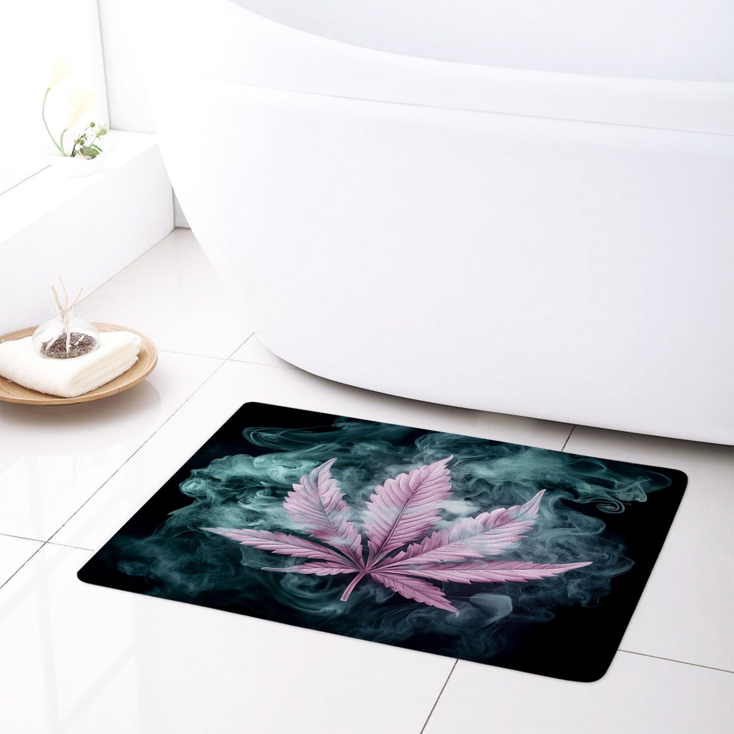 Cannabis Plant Purple Marijuana Leaf Black Shower Curtain Set for Bathroom Decor