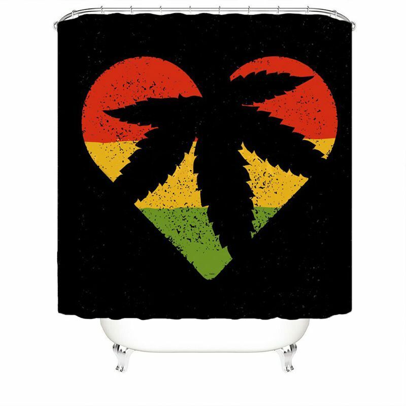 Weed Leaf Heart Waterproof Shower Curtain Non-Slip Bath Mat Toilet Lid Cover Set
