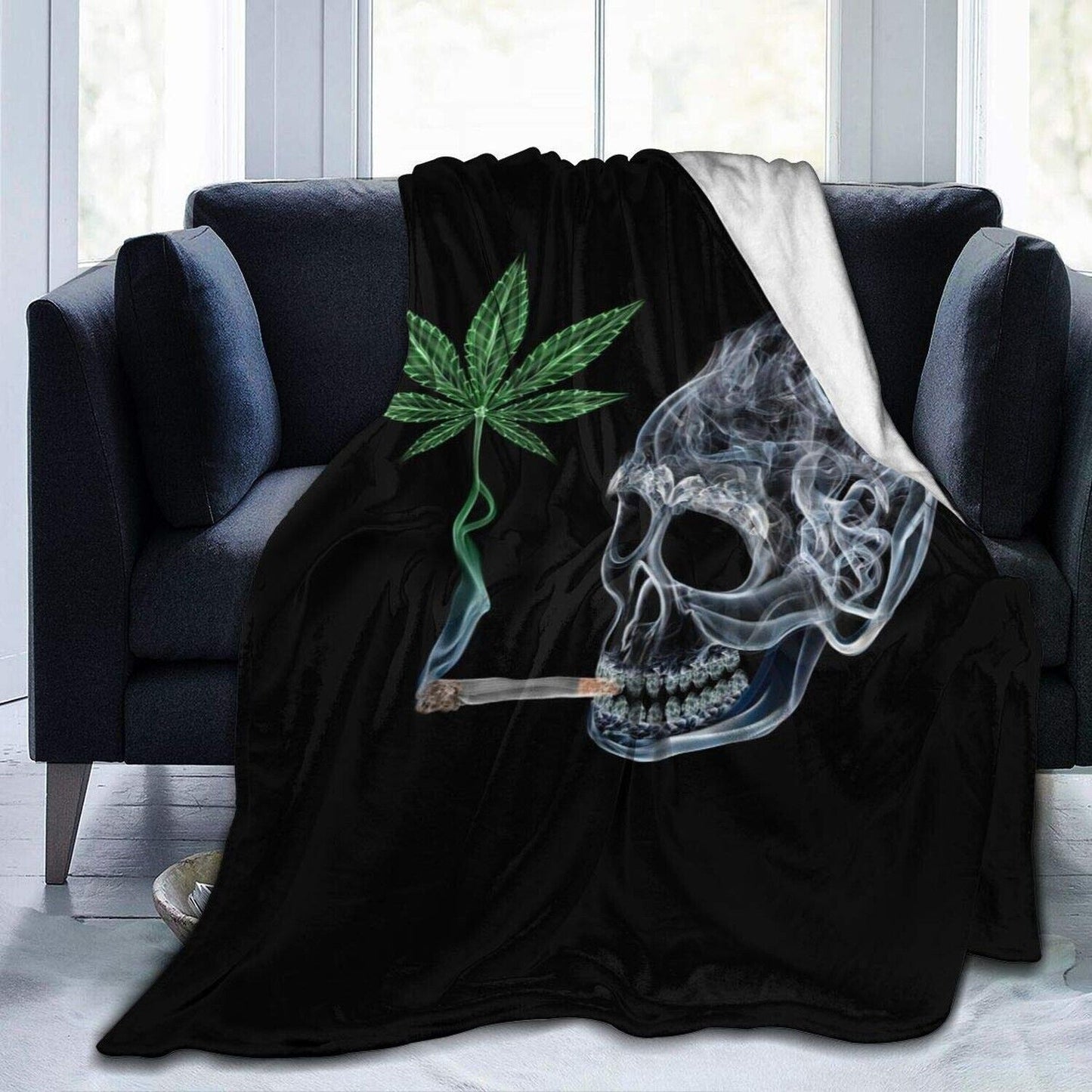 Marijuana pot leaf skull smoking fleece blanket, super soft and lightweight.