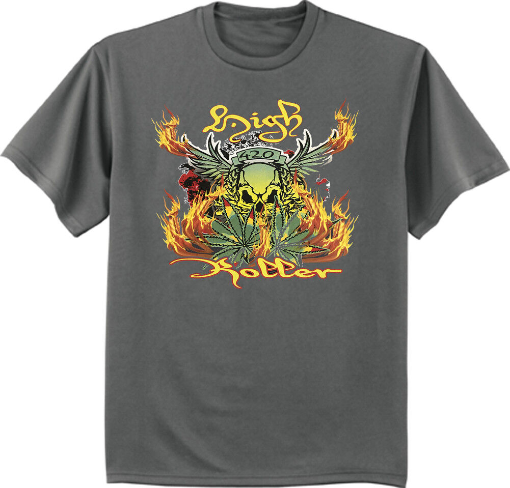 High Roller Cannabis T-shirt with weed pot leaf and 420 decal design.