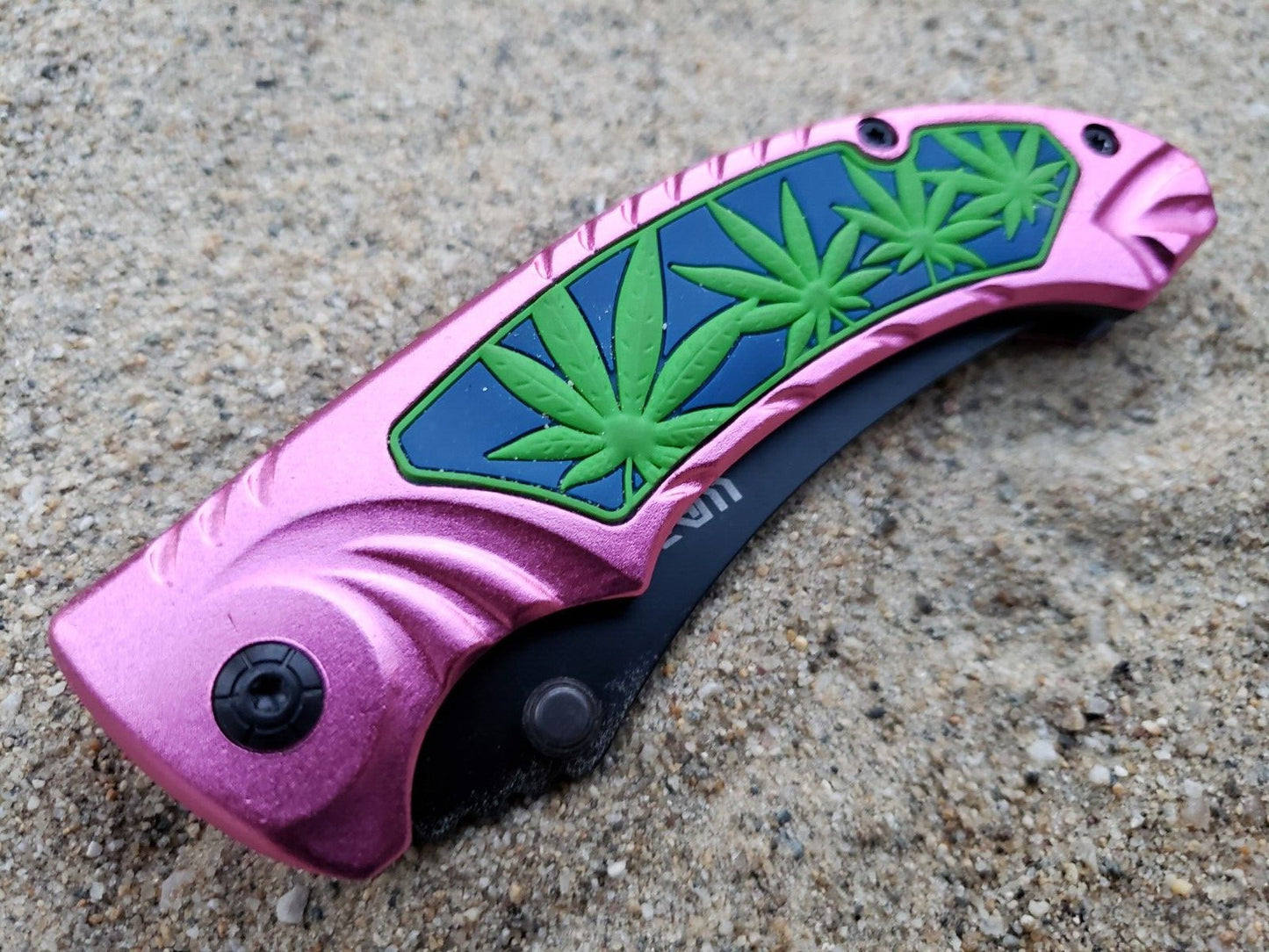 Pink Black Pot Leaf Design Spring assisted Pocket Knife Thumb Stud EDC 5.3 OZ