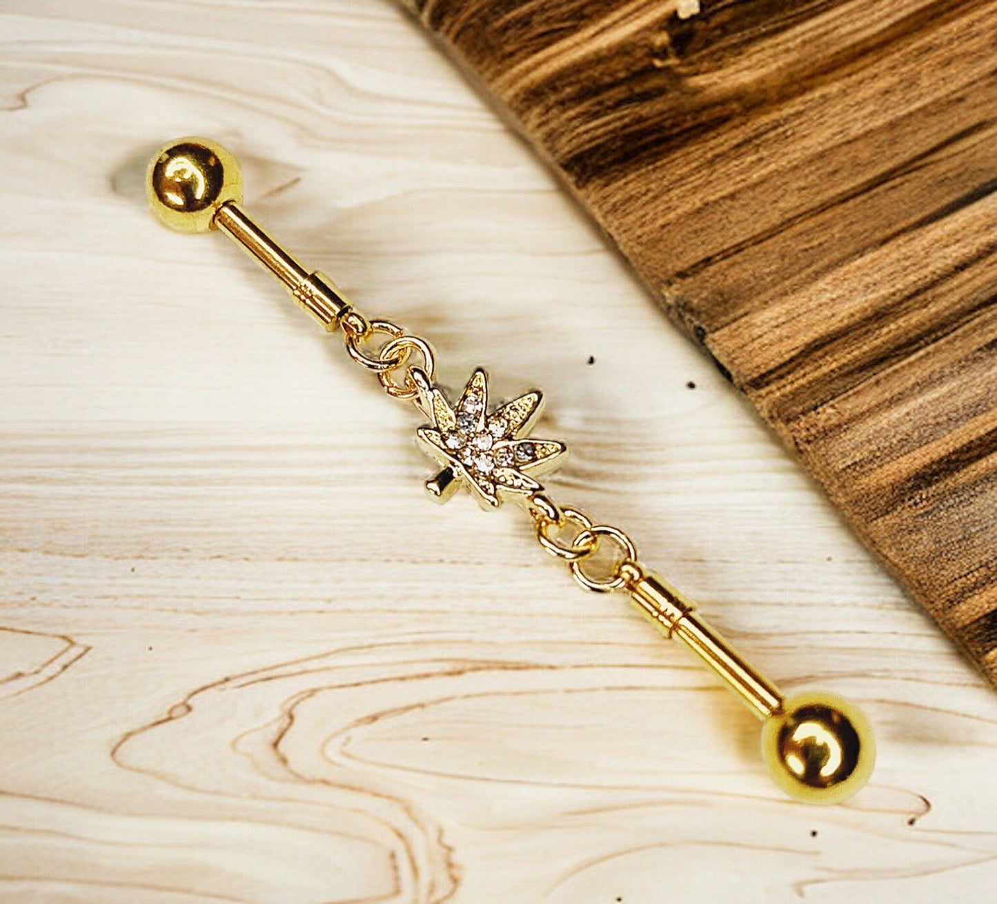 14g White Sparkle Cz Gold IP Chain Marijuana Pot Leaf Industrial Bar