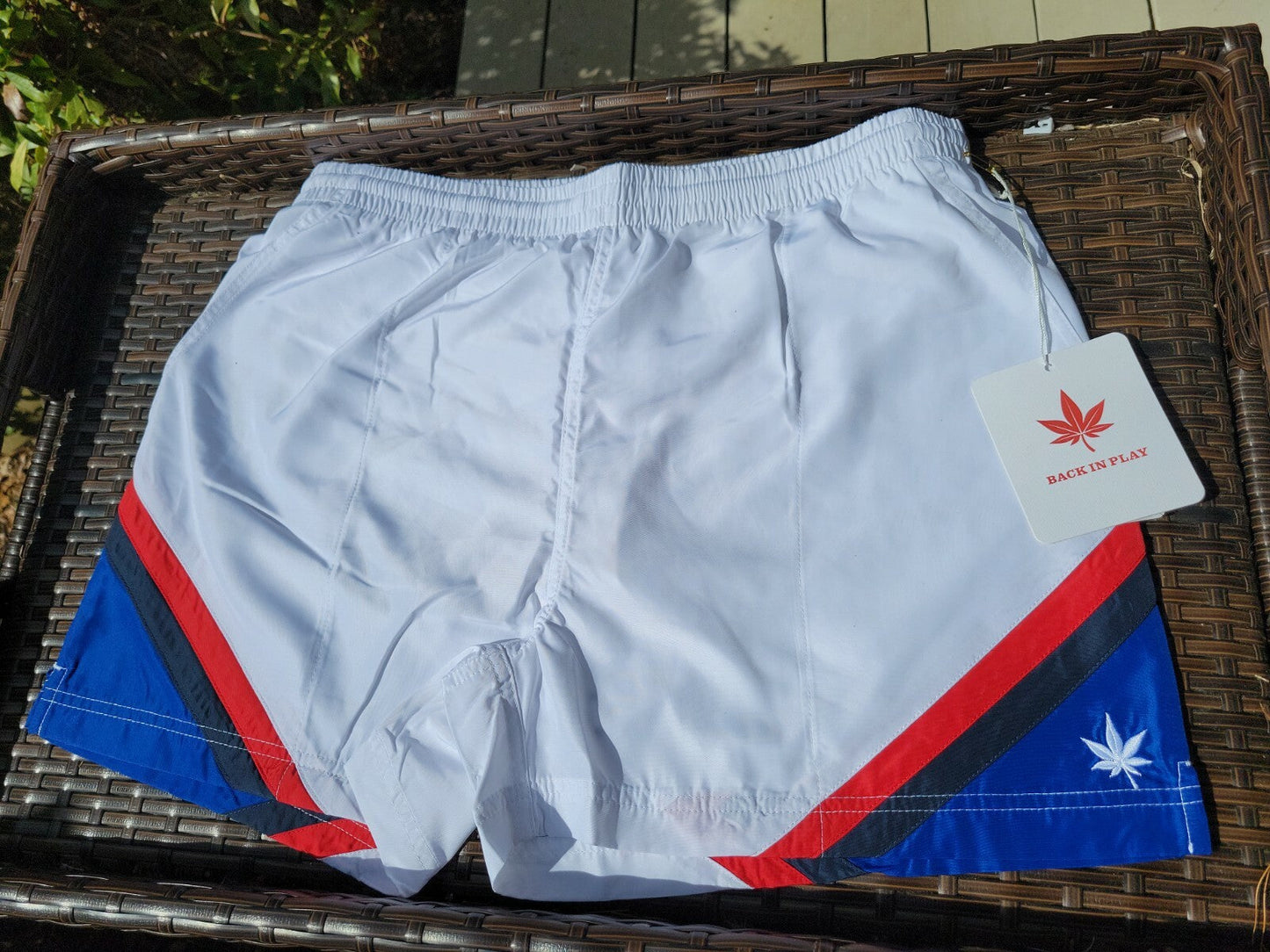 Boast Men's Tennis/Swim Trunks Small White Red Blue with Pot Leaf Design