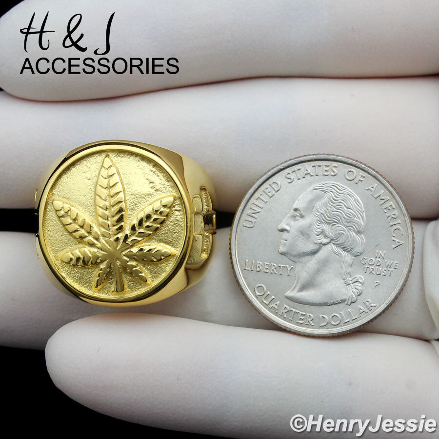 MEN Stainless Steel Marijuana Leaf Cross 3D Gold Plated Round Ring size 8 to 13