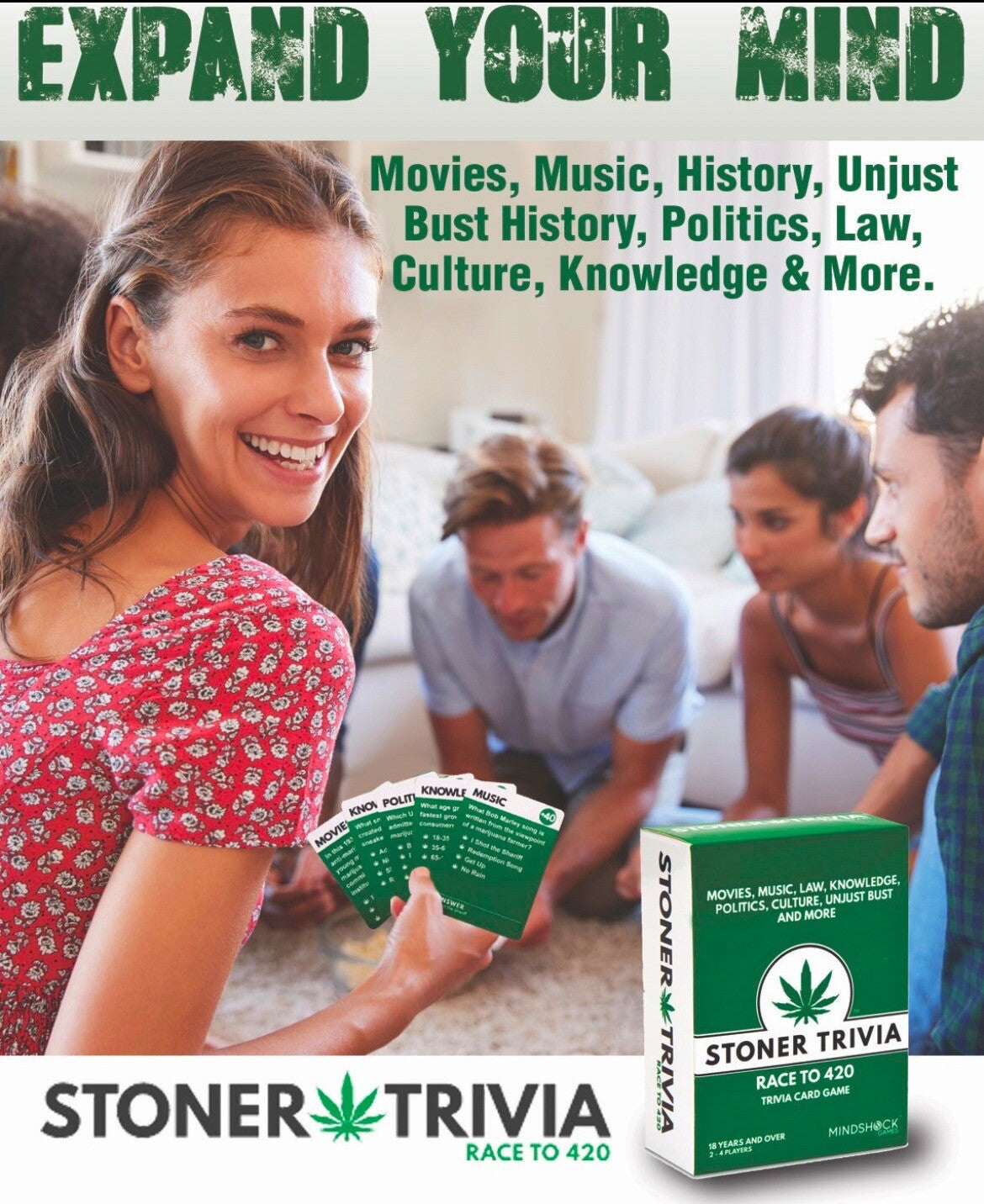 Stoner Trivia Card Game for marijuana enthusiasts, featuring categories like movies, music, and history.