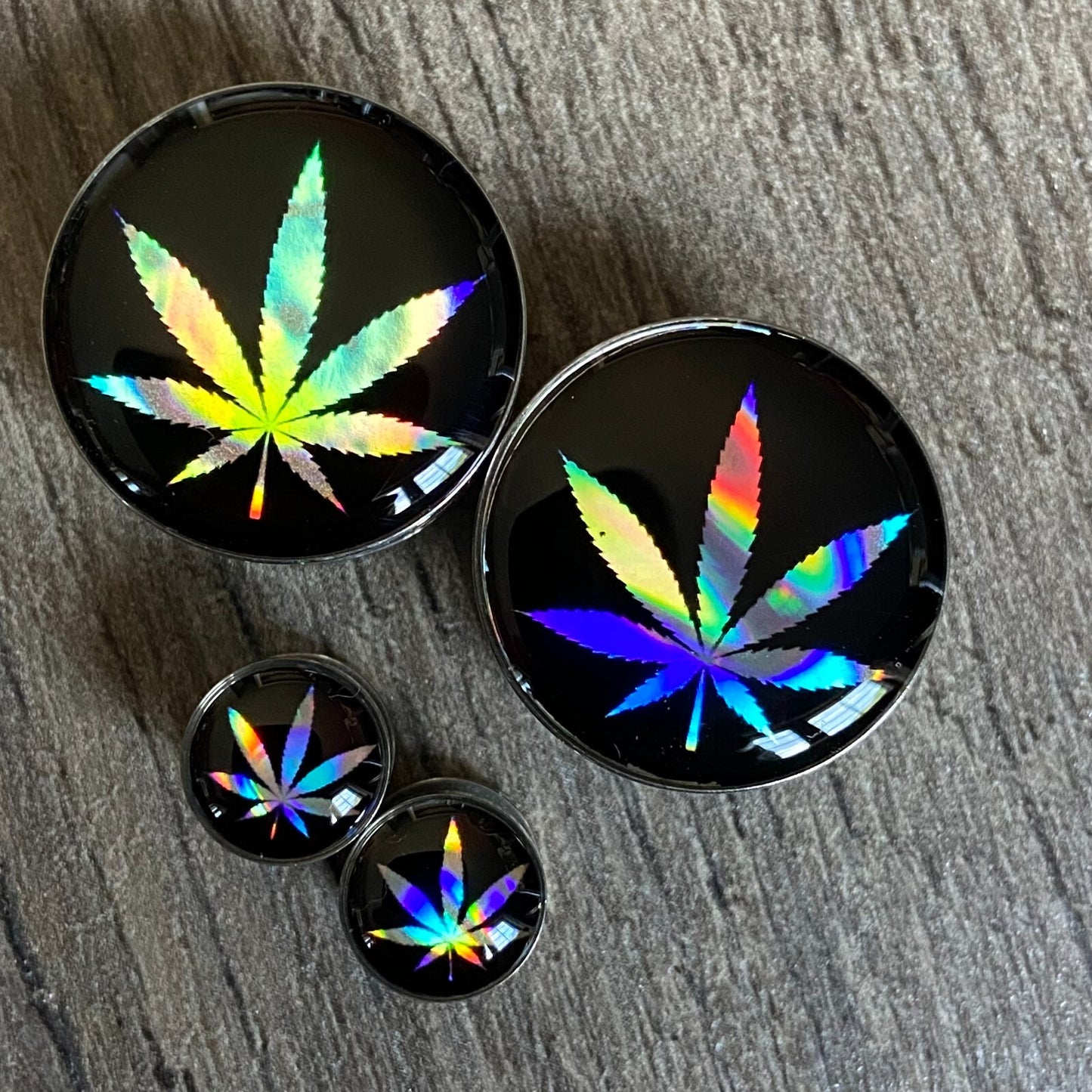 Pair of Screw on Holographic Pot Leaf Picture Plugs gauges 16g thru 1 inch