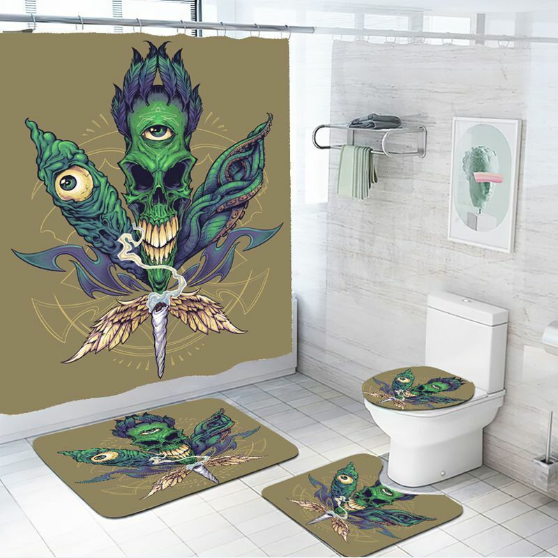 Weeds Cannabis Marijuana Shower Curtain Set with Non-Slip Bath Mat and Toilet Lid Cover in a bathroom setting.