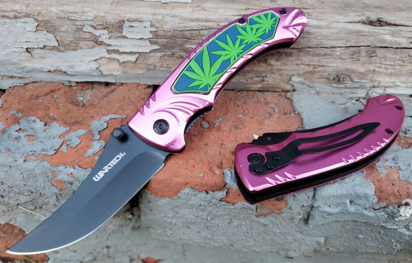 Pink and black pot leaf design pocket knife with thumb stud, spring-assisted EDC, 5.3 oz.