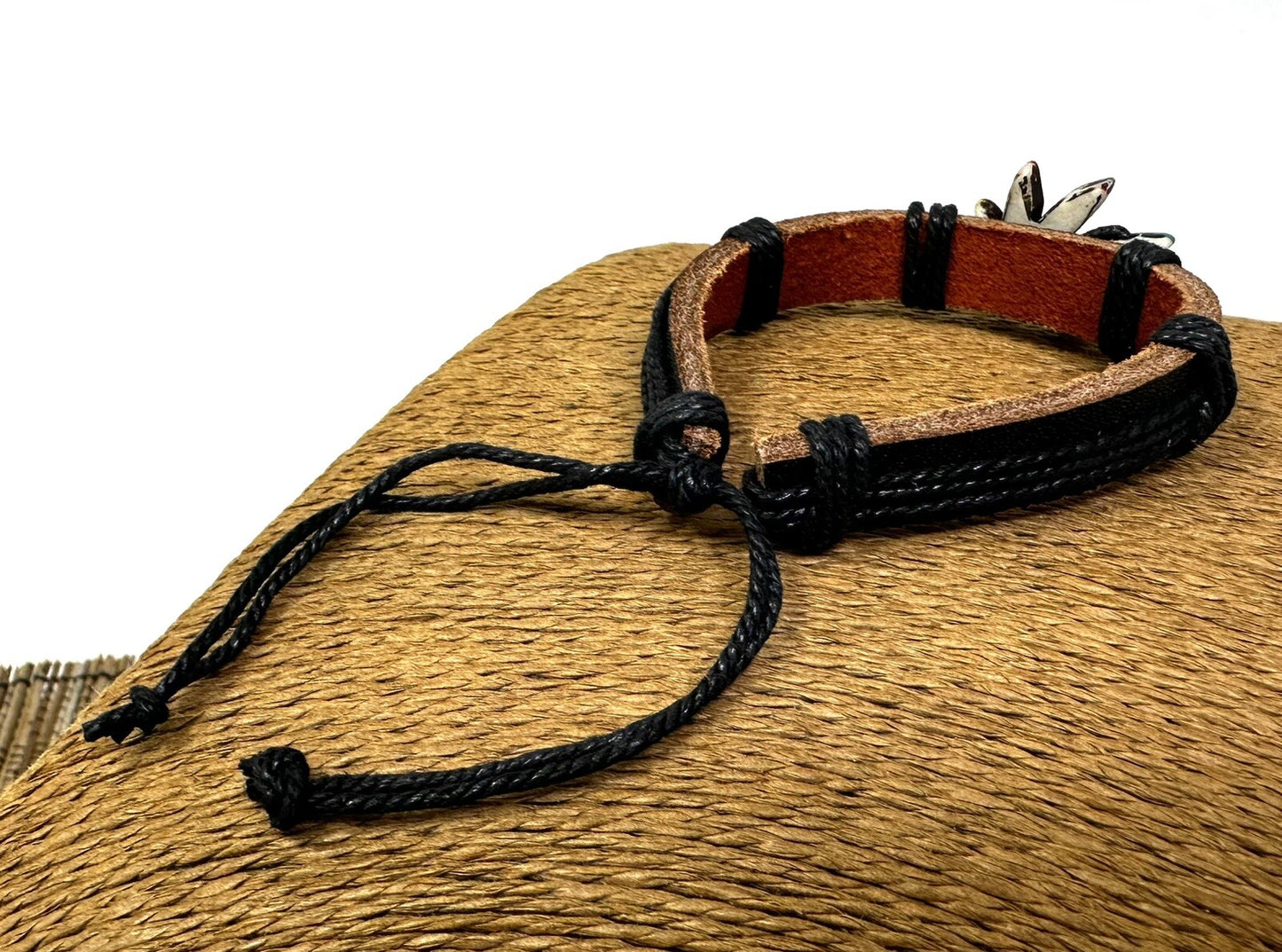 Adjustable Black Leather Bracelet with Rasta-Colored Marijuana Leaf Charm
