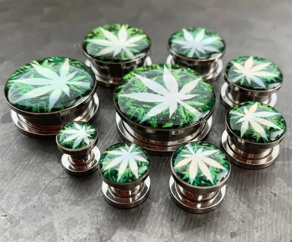 PAIR Hologram Pot Leaf Screw Fit Tunnels Ear Plugs Gauges Earlets Body Jewelry 8 sizes