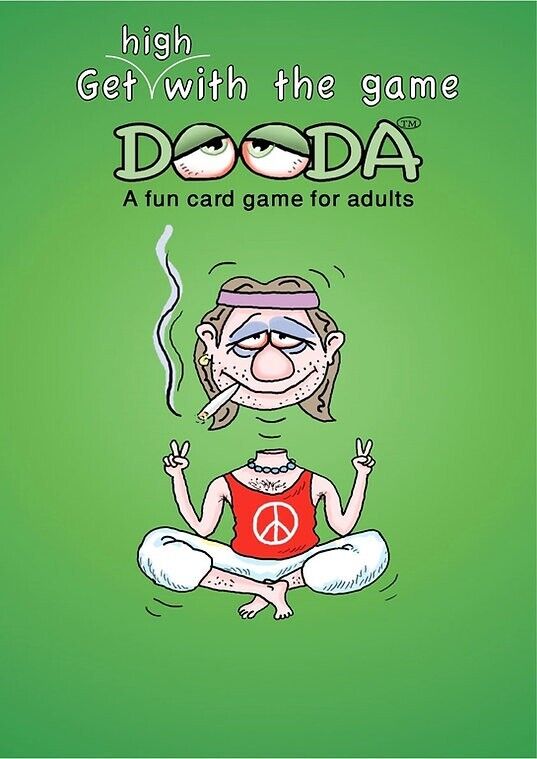 Dooda game fun card games for adults with stoner theme on green background.