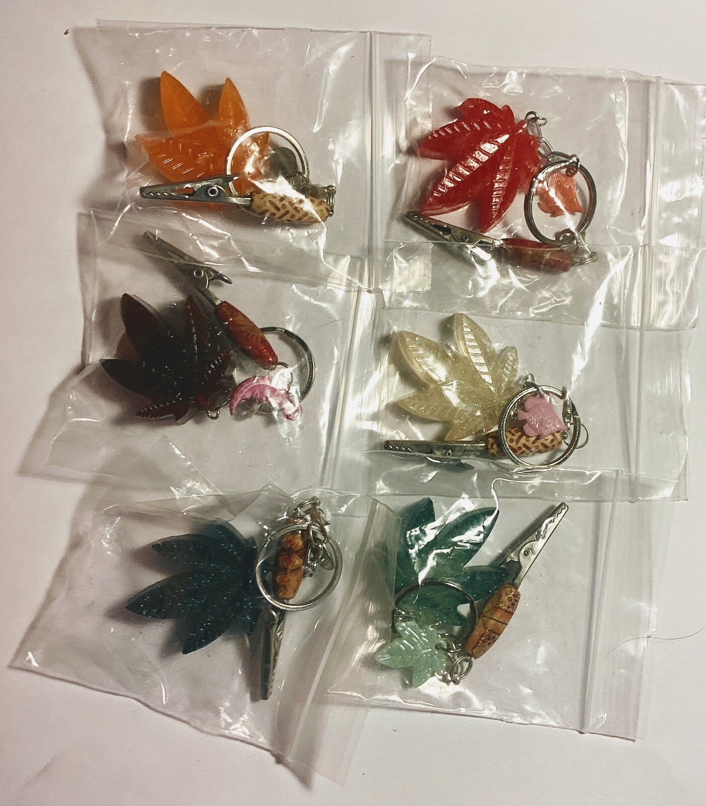 6 ct. Weed Leaf key chains With Bonus Clip Multi Color Set Roach Clip