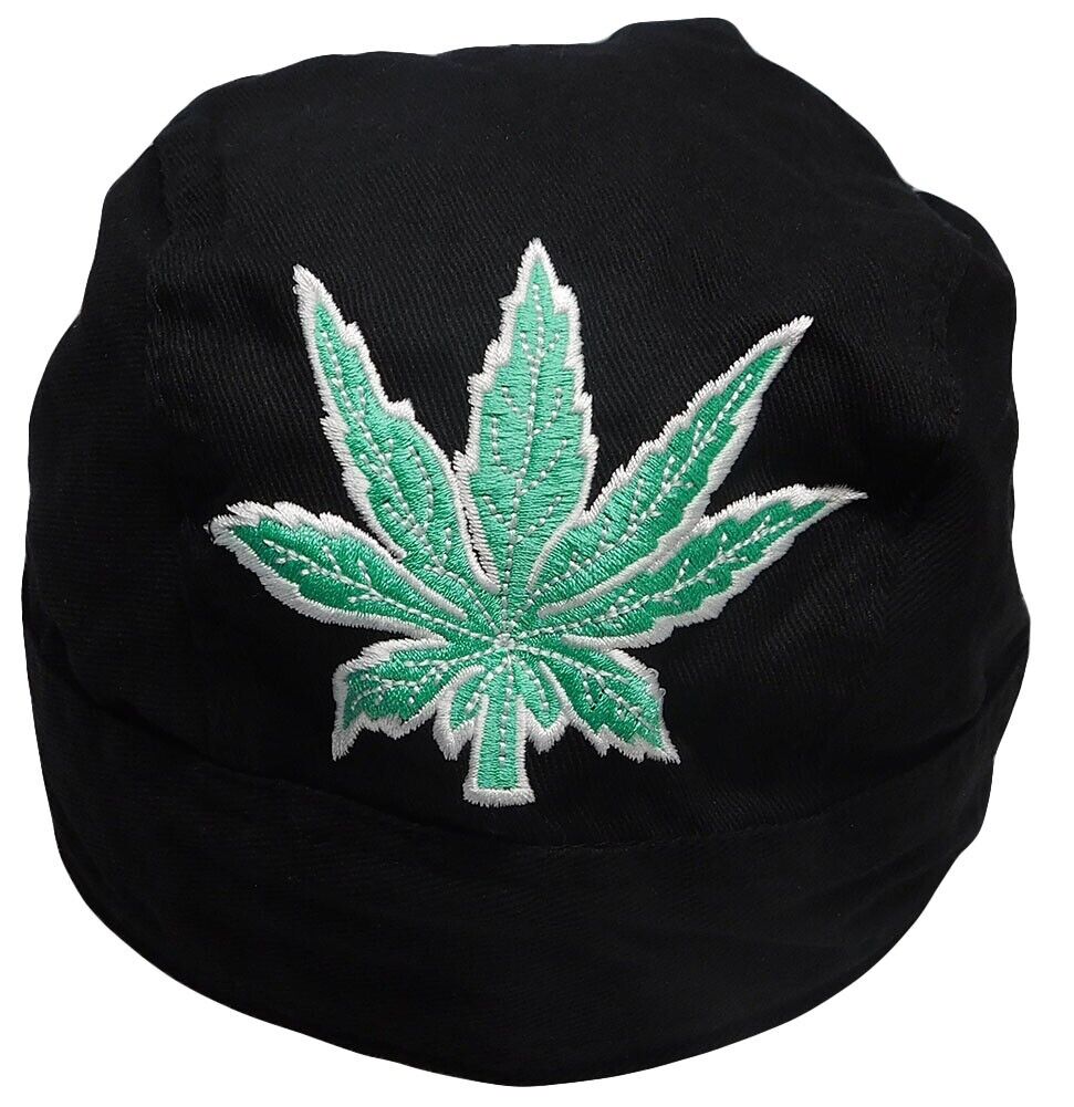 Marijuana Weed Pot Leaf Black Embroidered Doo Rag Skull Cap