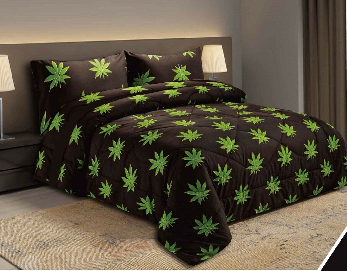 5-piece marijuana leaf comforter and sheets set on bed, black and green design