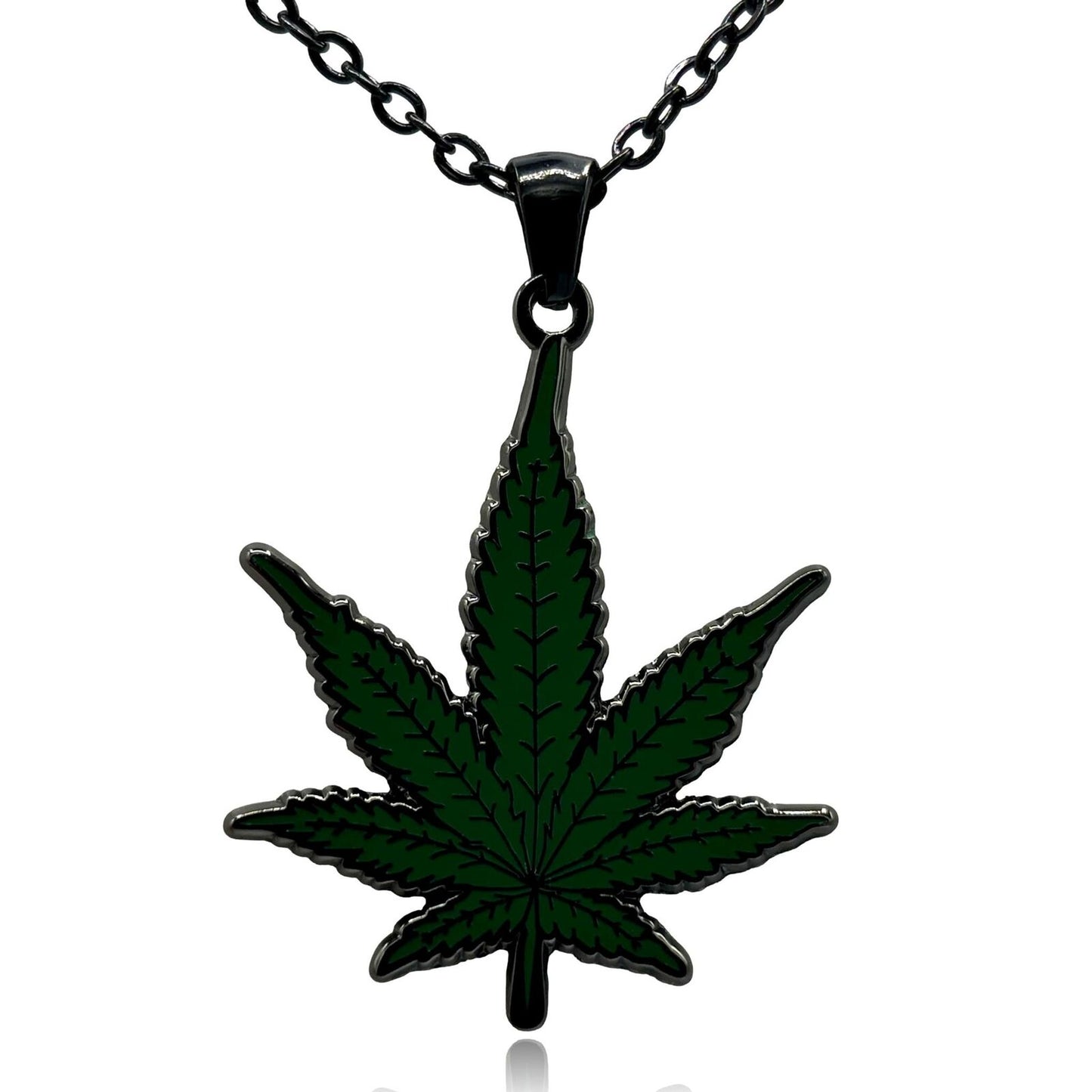 Marijuana Leaf Double Sided Enamel Pendant Necklace Black or Gold