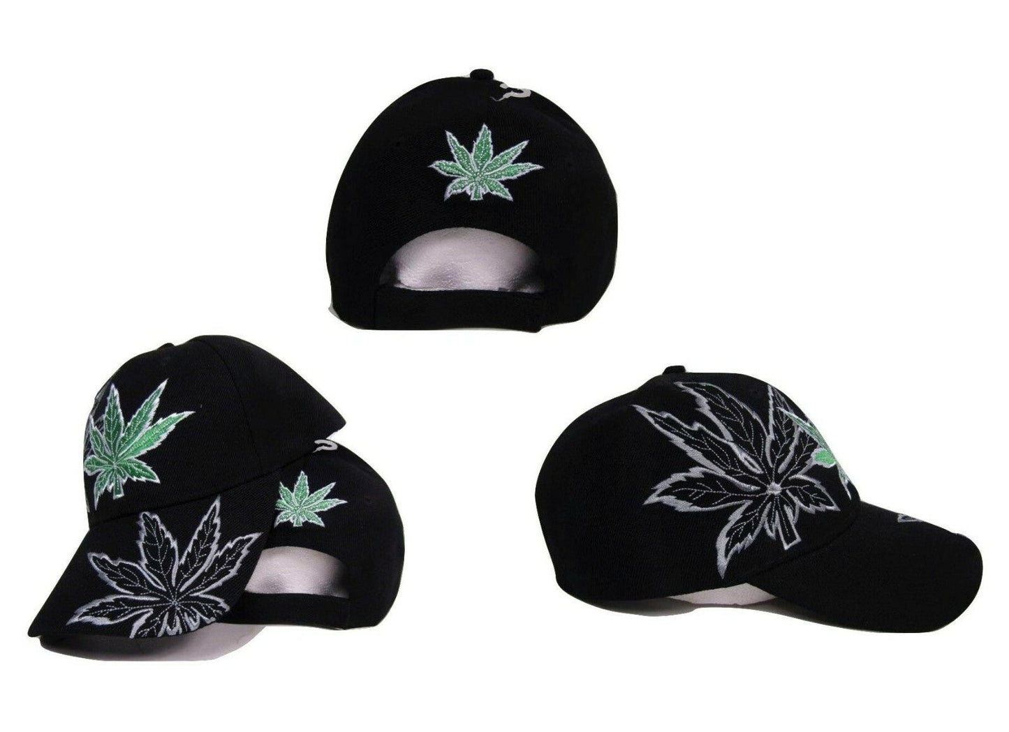 Black baseball cap with marijuana leaf embroidery and adjustable strap.