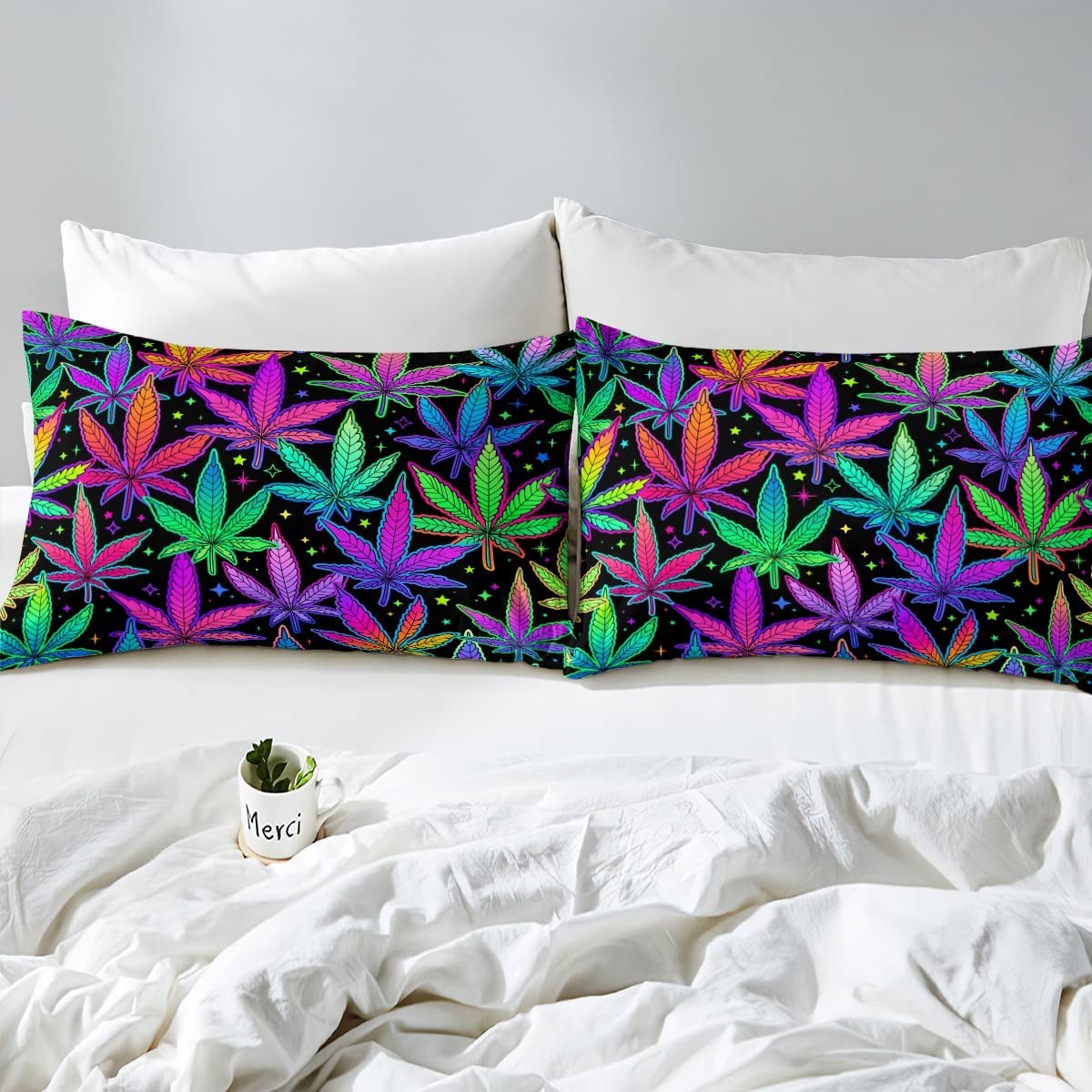 Cannabis Leaves 420 Sheet Queen Size, Marijuana Weed Bedding 2 pillow 1 Fitted 1 Flat