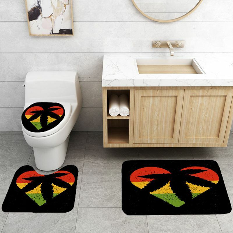 Weed Leaf Heart Waterproof Shower Curtain Non-Slip Bath Mat Toilet Lid Cover Set