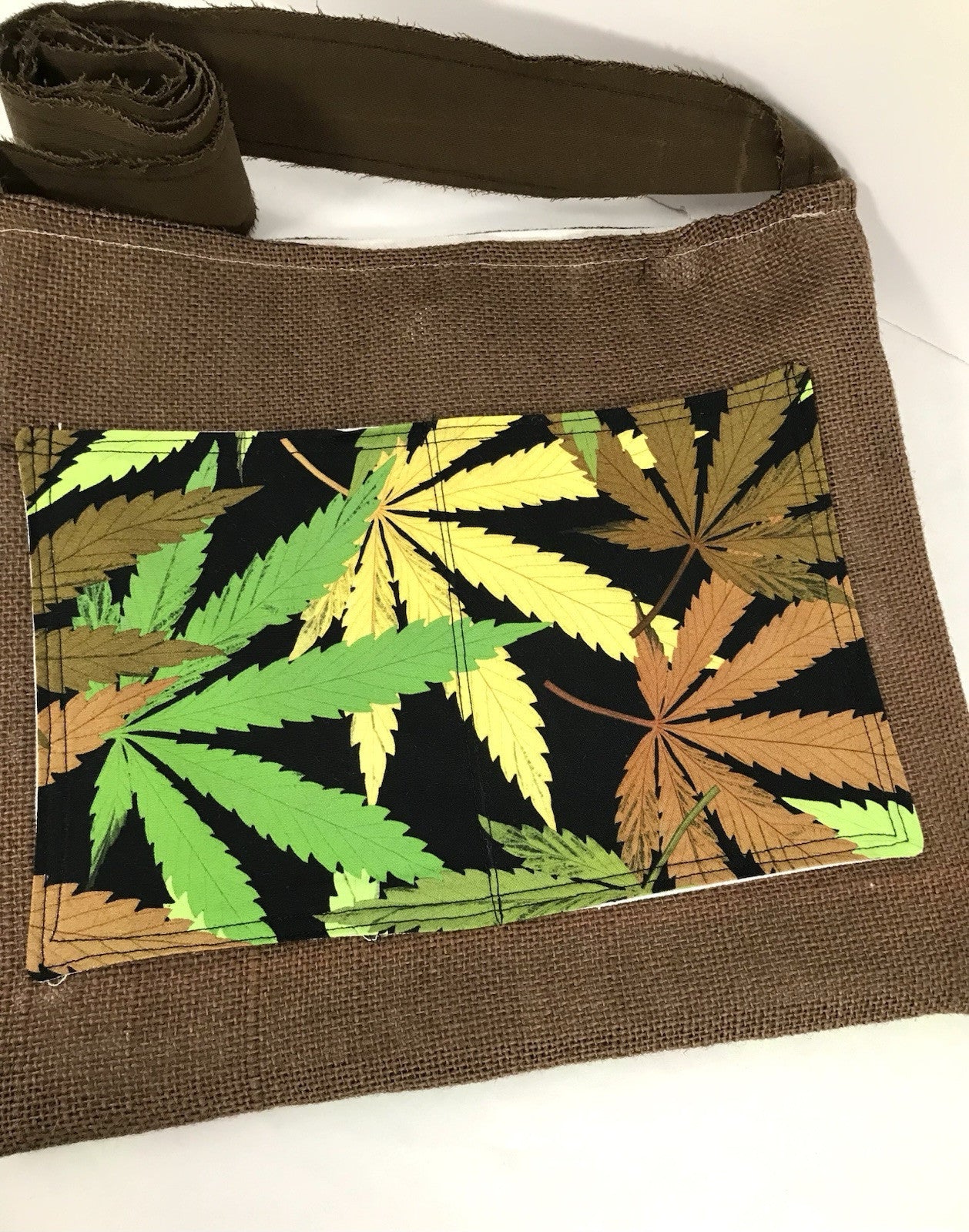 New Handmade Burlap Marijuana, Cannabis Leaf 11x12 2 Bumblebee Pockets Crossbody