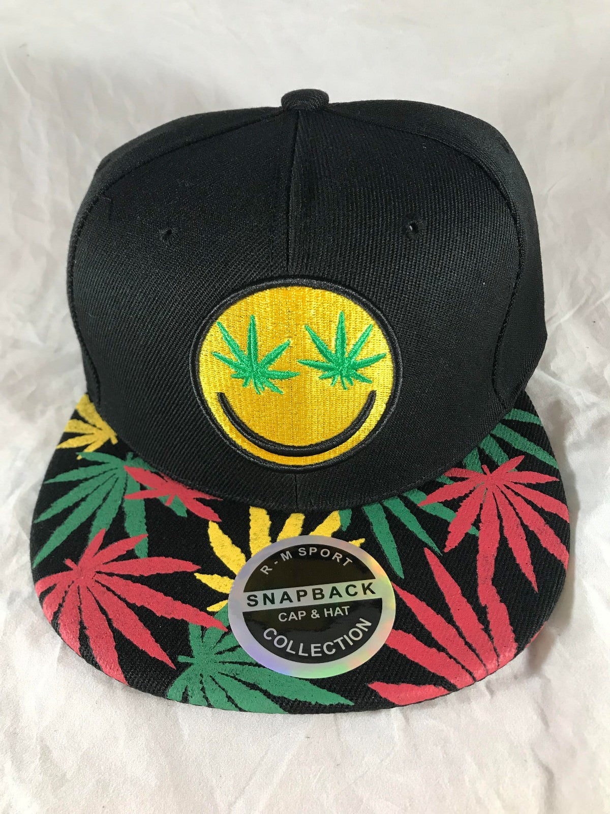 Smiley Face Marijuana Leaf Weed Eyes Emoji Snapback Hat 420 Themed Cap