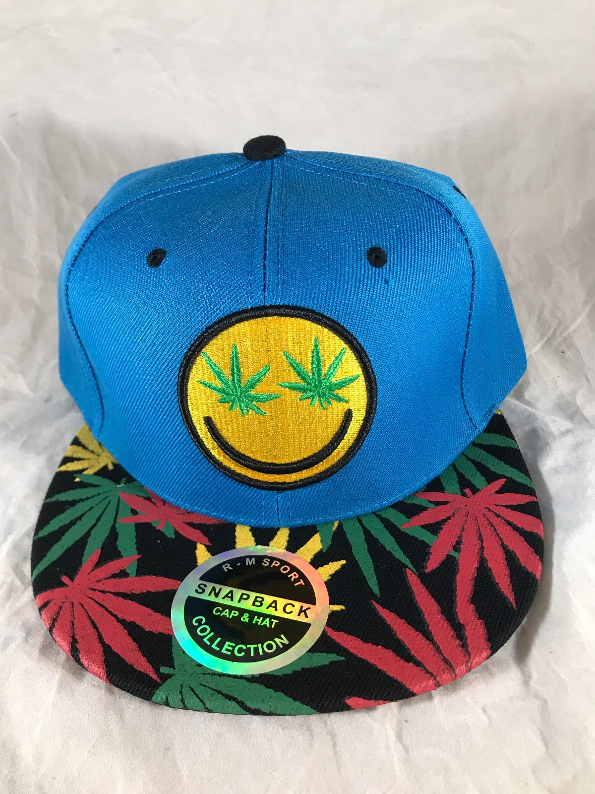 Smiley Face Marijuana Leaf Weed Eyes Emoji Snapback Hat 420 Themed Cap