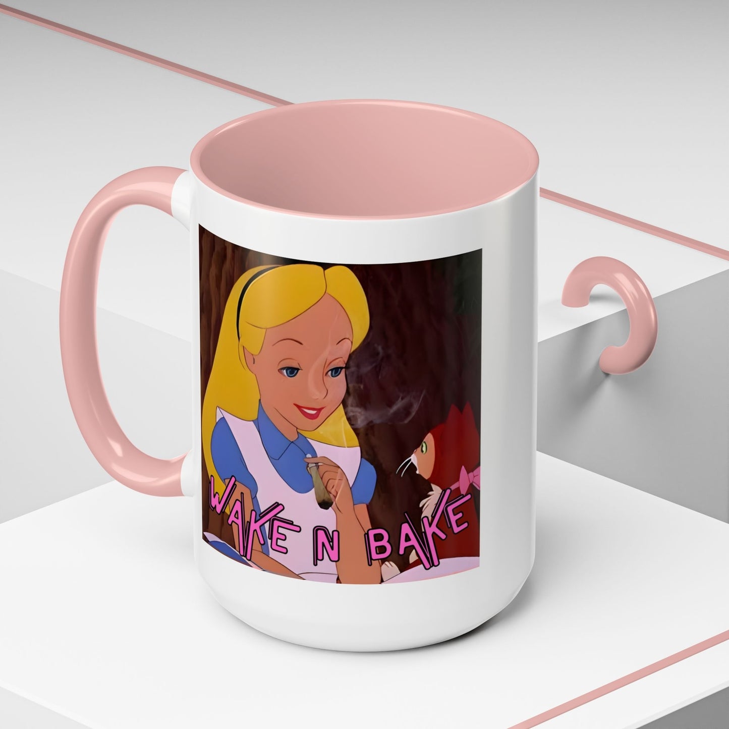 WAKE N BAKE Retro Coffee Mug (11, 15oz) Cartoon Alice Smoking Joint Vintage 420
