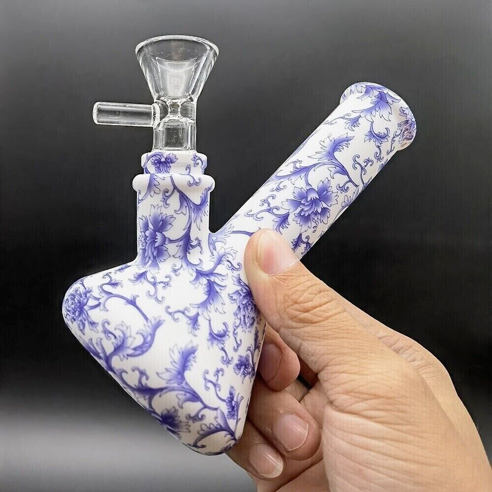4.7" Silicone Water Pipe Smoking Pipes Hookah Purple Floral Bubbler + Glass Bowl